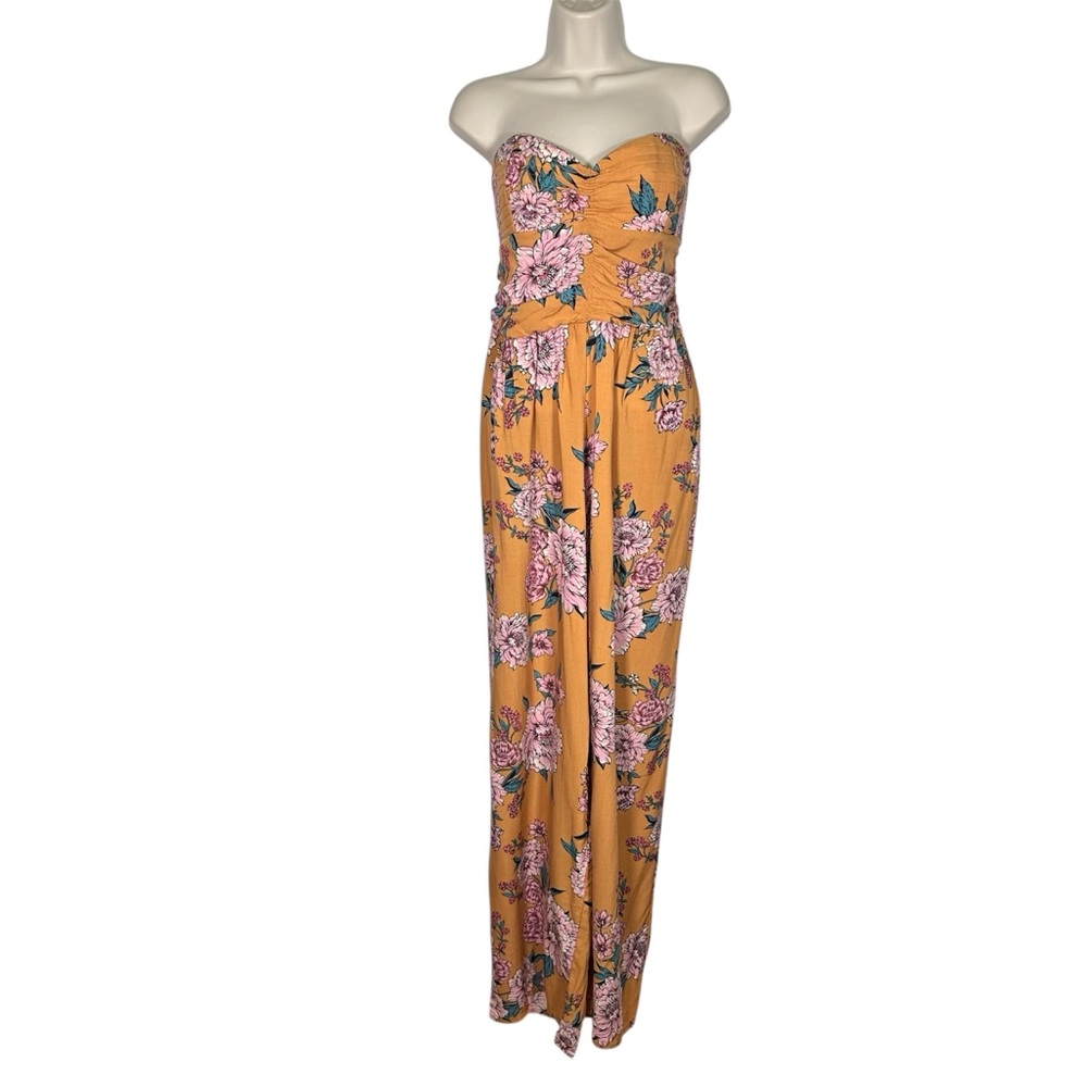 Band of Gypsies Floral Strapless Wide Leg Jumpsuit